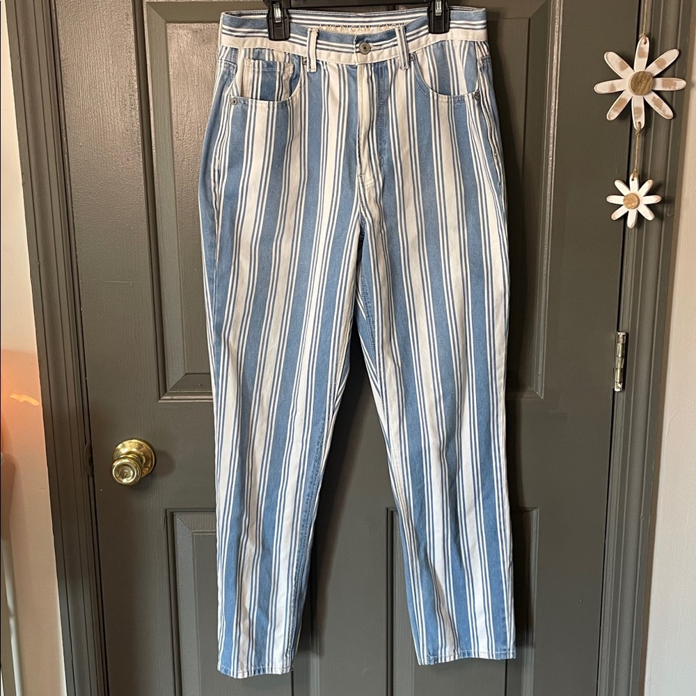 American Eagle Blue and White Striped Mom Jean